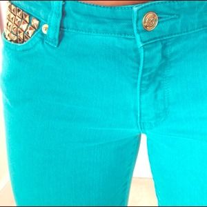 Turquoise denim with gold stud detail