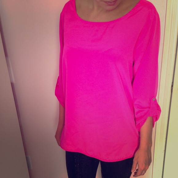 Neon pink button sleeve top