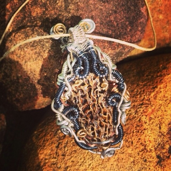 Wire wrapped morel pendant