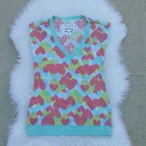 Delias all-over heart print V neck T-shirt