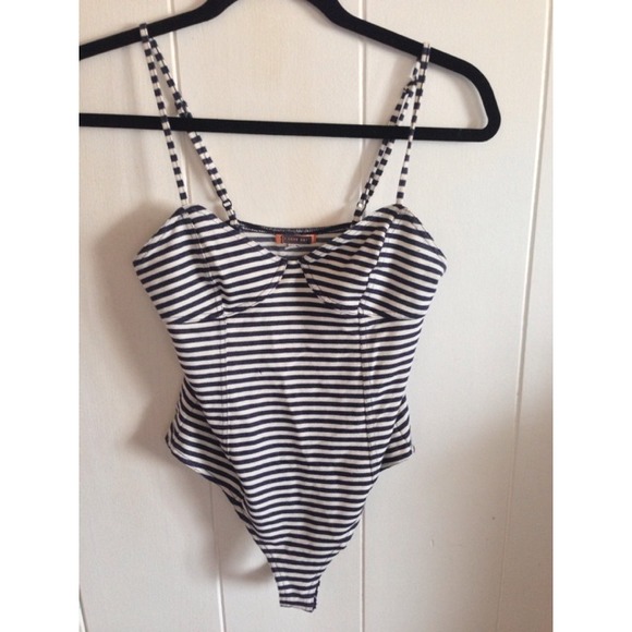 navy and white striped bodysuit