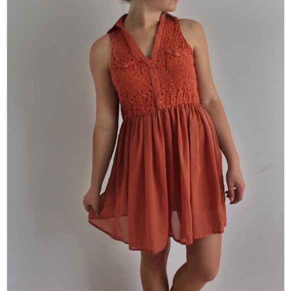 Burnt Orange Crochet Collared Dress