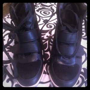 Black Faux Leather n Suede Wedge Sneakers