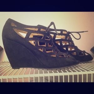 WORN ONCE - MIA Black Suede Lace Up Wedge