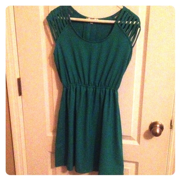 Teal cut out shoulder & back dress.