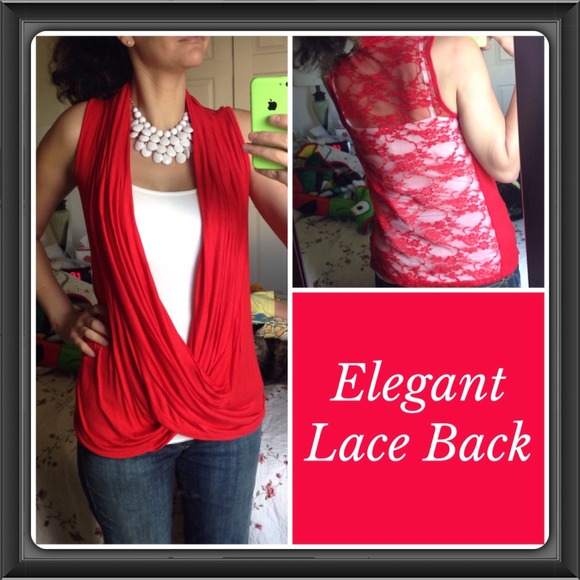 Red Draped Lace-Back Top - Picture 3 of 4