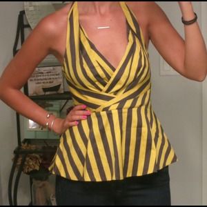 Yellow and grey striped halter top