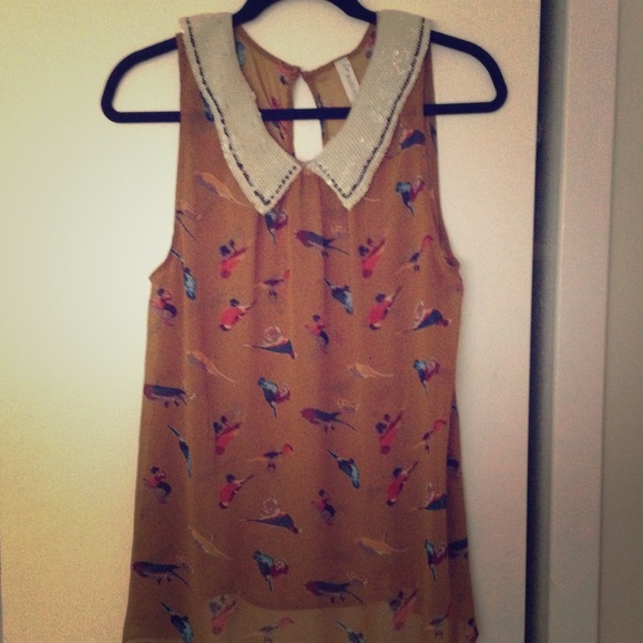 ✂Price cut✂sheer bird blouse w/ cream collar.