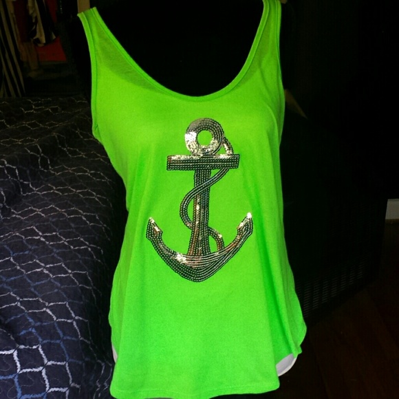 Neon green sequin anchor tank.