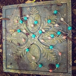 LONG TURQUOISE CORAL SILVER COLOR BEADED NECKLACE