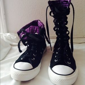 Purple and black converse high tops