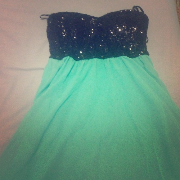 Black sequin and mint strapless dress