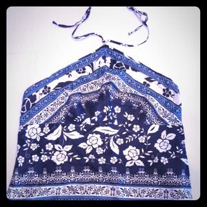 Ann Taylor Loft Halter Top Floral Blue Side Zip