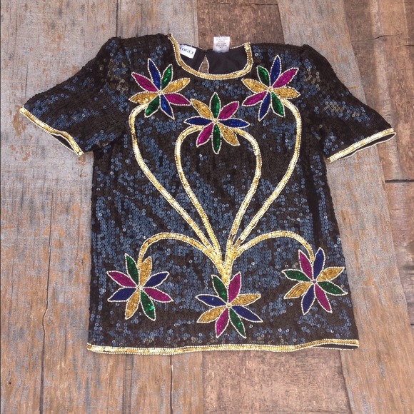 Black Floral Sequin Top