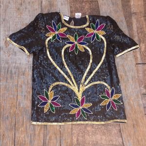Black Floral Sequin Top