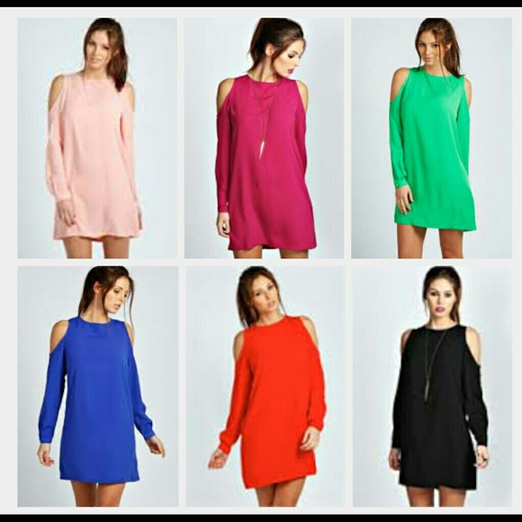 Jen Solid Colour Open Shoulder Shift Dress