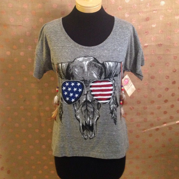 Boho longhorn American flag and feathers T