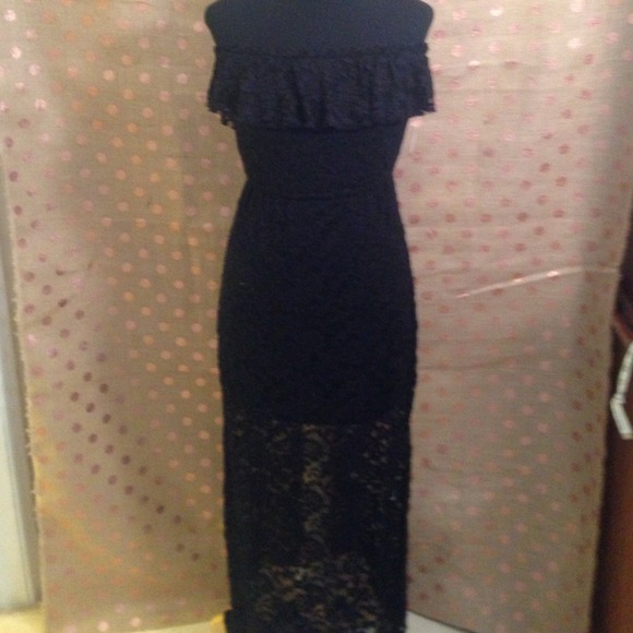Black strapless lace dress with ruffle detail