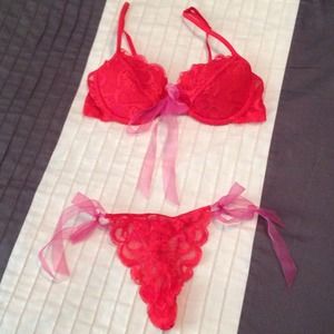 Victoria's Secret red lace w pink ribbon bra/thong