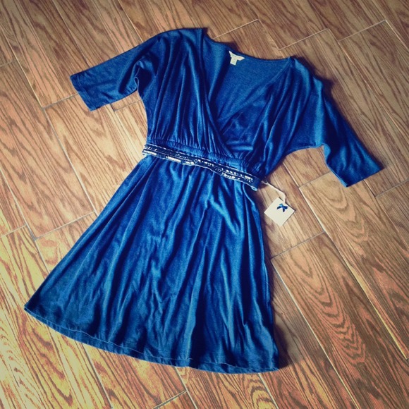 Blue Dress with Beaded Belt, Size S