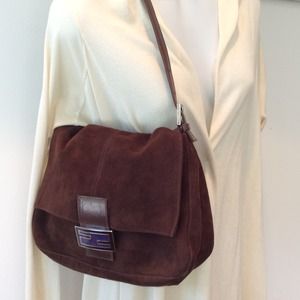 Fendi brown suede flap baguette bag