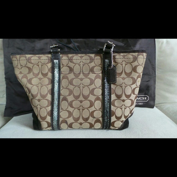Coach large canvas/beaded  brown tote.