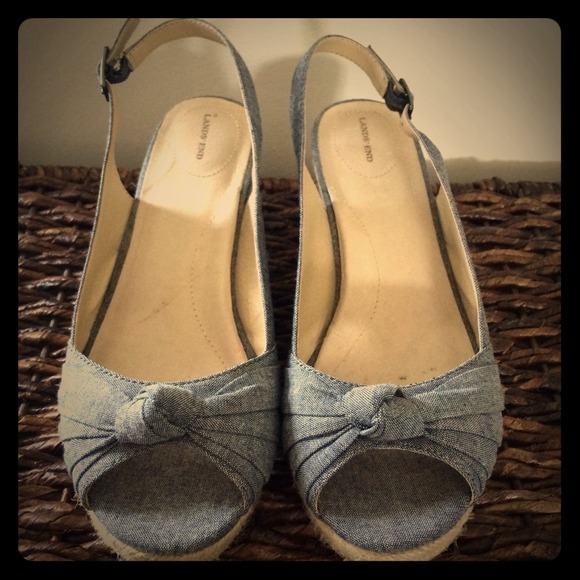 Lands End Chambray Knotted Espadrilles Wedges