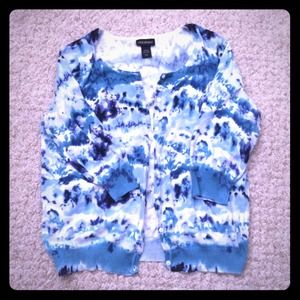 white and blue patterned cardigan