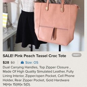 Bags - Dusty Peach/Pink Tassel Faux Croc Tote Bags - Dusty Peach/Pink Tassel Faux Croc Tote