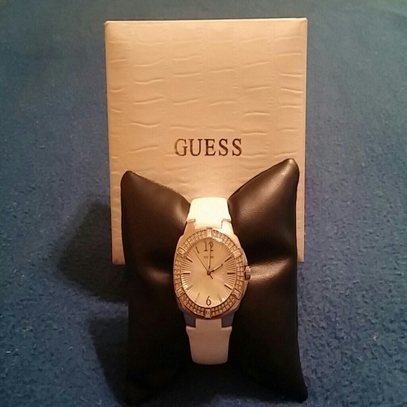 GUESS White Genuine Leather and Gem Accents