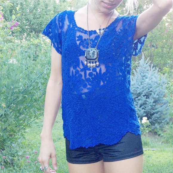 Lapis embroidered lace top