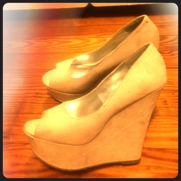 suede nude peep toe wedges