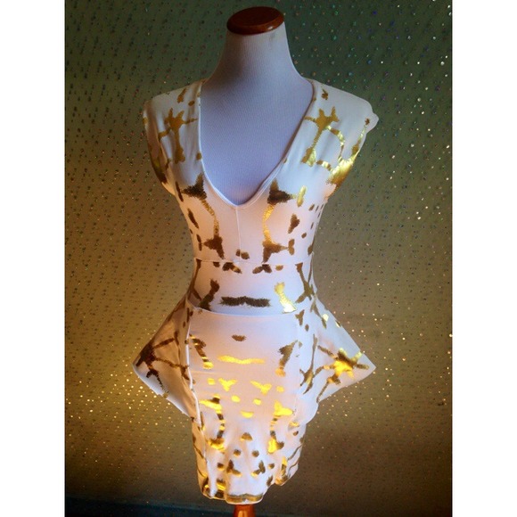 White and Gold Metallic Peplum BeBe Dress