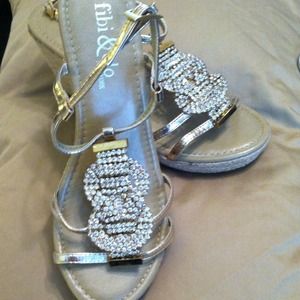 Fibi & Clo gold wedge shoes with rhinestone detail