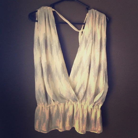 White and Grey Deep V Plunge Backless Sequined Top
