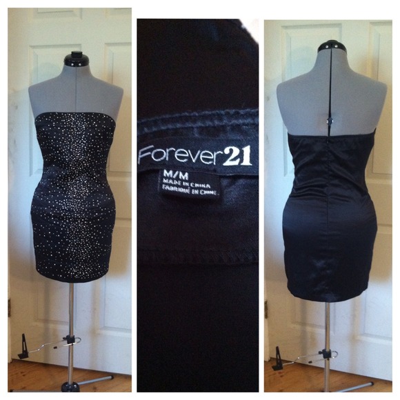 strapless black dress w rhinestone embellishment.