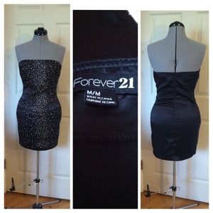 strapless black dress w rhinestone embellishment.