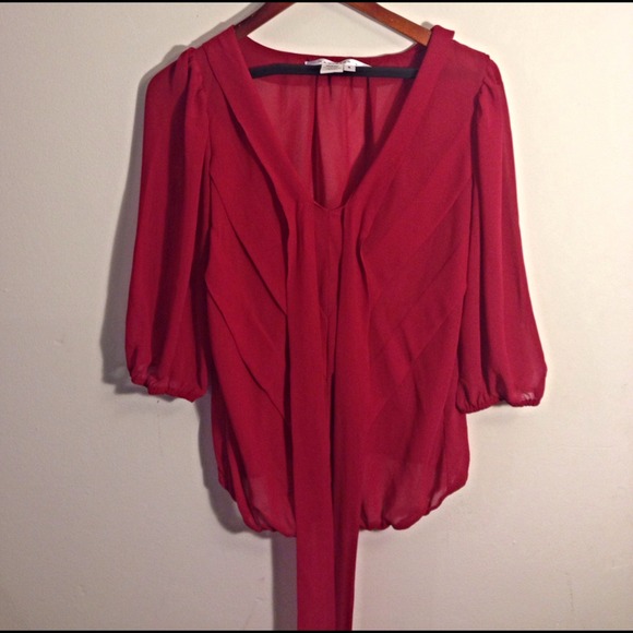 Red Tie Front Sheer Blouse - Picture 2 of 4