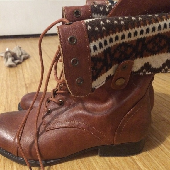 Brown tribal print combat boots