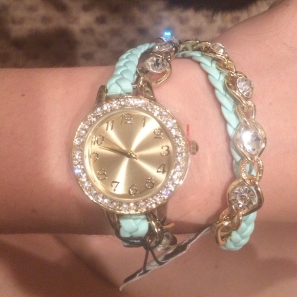 Jewelry - Mint and gold wrist wrap watch with rhinestones