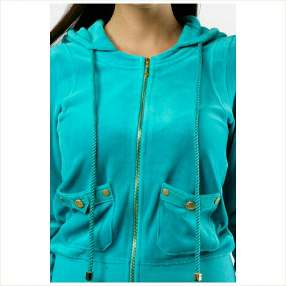 NWT Juicy Couture Teal Velour Puff Sleeve Hoodie - Picture 3 of 3