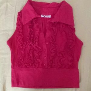 Red ruffle cropped shirt.