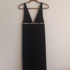 Floor length black velour dress with gold detail