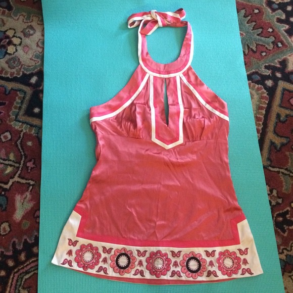 Bebe pink and ivory silk halter top