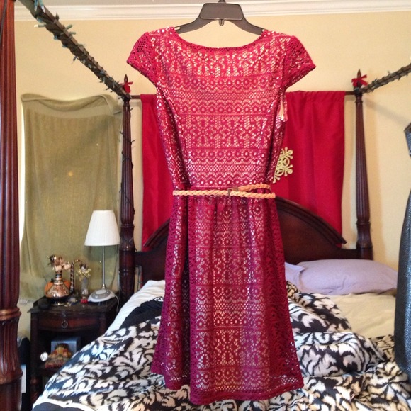 Knit red dress w/ tan slip connected,