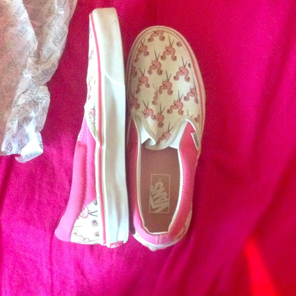 White and pink flamingo slip on vans