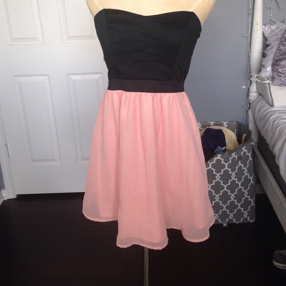 Pink and black strapless dress