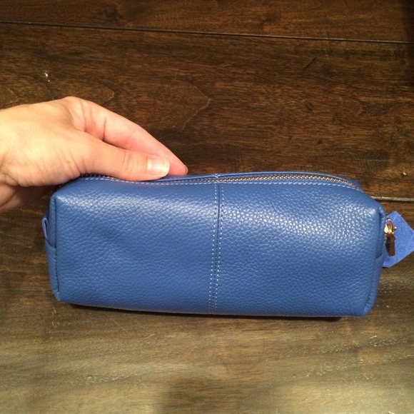 NWT blue leather cosmetic bag by neiman Marcus
