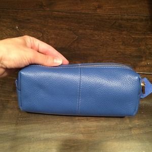 NWT blue leather cosmetic bag by neiman Marcus