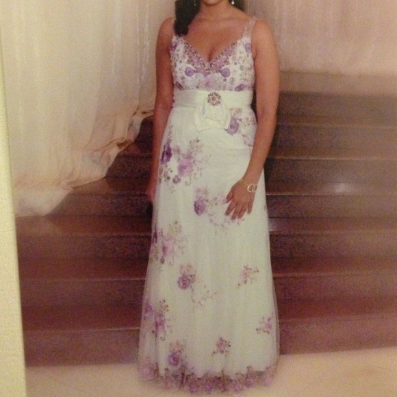 White with purple/gold flowers evening gown